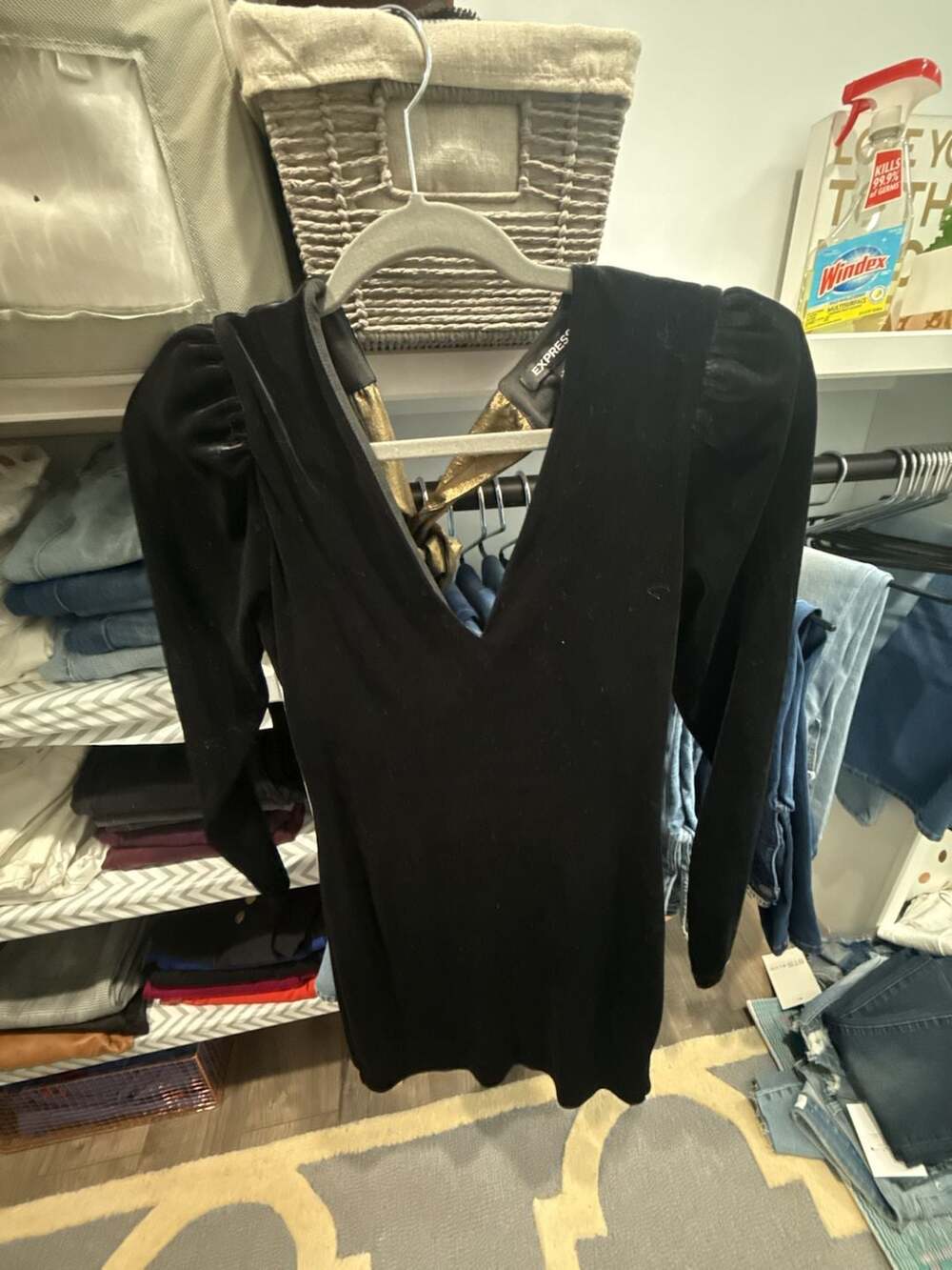 Express Black Velvet Dress Size XS Gold Tie Back Puff Sleeve